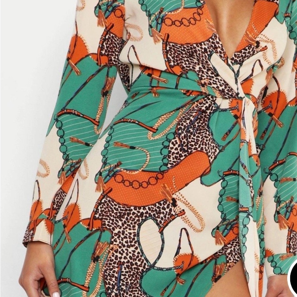 Boohoo Green and Orange Animal Print Mini Dress